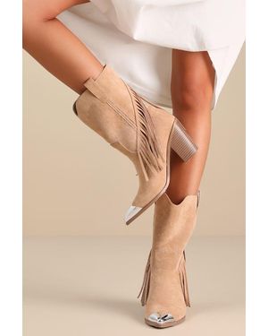 Lulus Toleson Suede Fringe Pointed-Toe Mid-Calf Western Boots - Natural