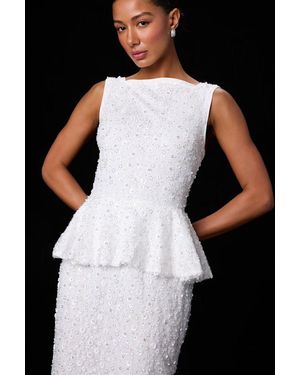 Lulus Nivina Beaded Sequin Peplum Midi Dress - White