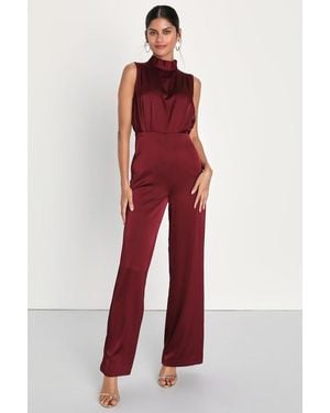 Lulus Classic Elegance Satin Sleeveless Mock Neck Jumpsuit - Red