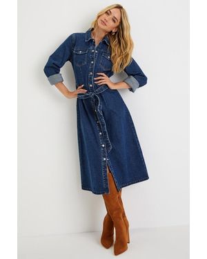 Lulus Edgy Instinct Dark Wash Denim Long Sleeve Midi Dress - Blue