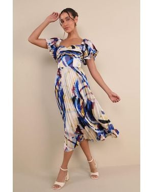 Lulus Authentically Yours Multi Abstract Print Satin Midi Dress - Blue