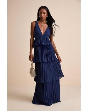 Lulus Mesmerizing Essence Pleated Backless Tiered Maxi Dress - Blue