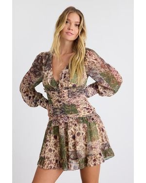 Lulus Ismini Multi Patchwork Long Sleeve Mini Dress - Brown
