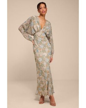 Lulus Azalea Sage Multi Floral Long Sleeve Midi Dress - Natural