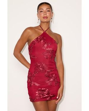 Lulus Celyna Mesh Floral Applique Mini Dress - Red