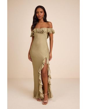 Lulus Alaida Satin Off-The-Shoulder Maxi Dress in Blue | Lyst