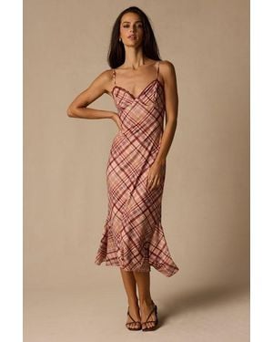 Lulus Rae Multi Plaid Mesh Slip Midi Dress - Brown