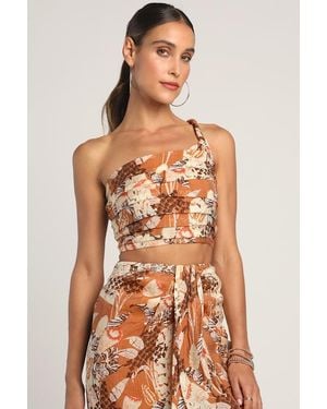 Lulus Something Wild Multi Print Pleated One-Shoulder Crop Top - Brown