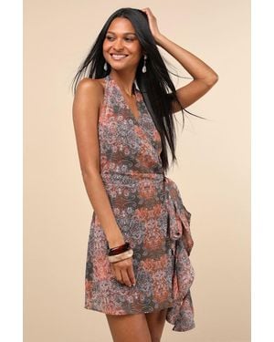 Lulus Felicita Boho Print Halter Wrap Mini Dress - Brown