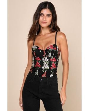 Lulus Essence Of Elegance Embroidered Bustier Bodysuit - Black