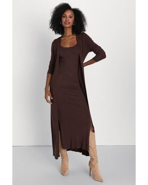 Lulus Layer Lover Ribbed Knit Two-Piece Dress & Cardigan Set - Brown