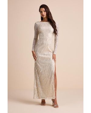 Lulus Glittery Devotion Sequin Fringe Maxi Dress - Natural