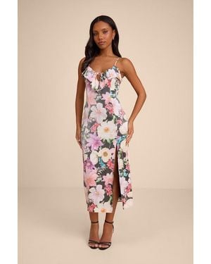 Lulus Kayla Multi Floral Ruffled Midi Dress - Natural