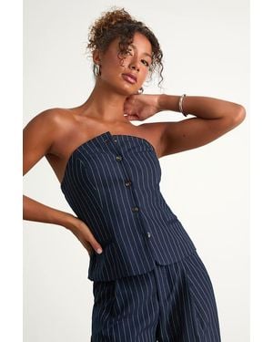 The Korner Rashana Pinstriped Button-Front Strapless Top - Blue
