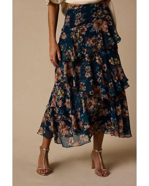 Lulus Sincere Dark Floral Tiered Midi Skirt - Natural