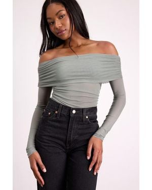 Lulus Good Times Sage Mesh Off-The-Shoulder Long Sleeve Top - Green