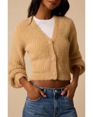 Lulus Colby Camel Eyelash Knit Button-Front Cardigan Sweater - Blue