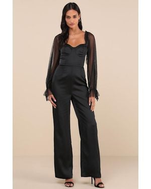 Lulus Gracefully Modern Satin Mesh Long Sleeve Bustier Jumpsuit - Blue