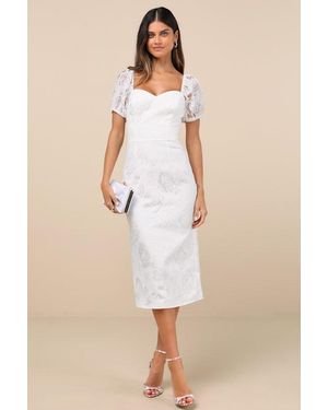 Lulus Odetta Burnout Puff Sleeve Lace-Up Midi Dress - Natural