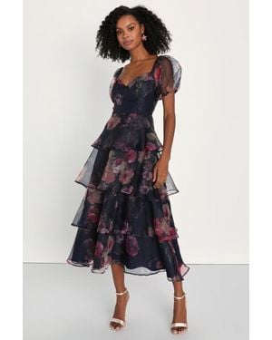 Lulus Oh-So Stunning Floral Organza Tiered Midi Dress - Blue
