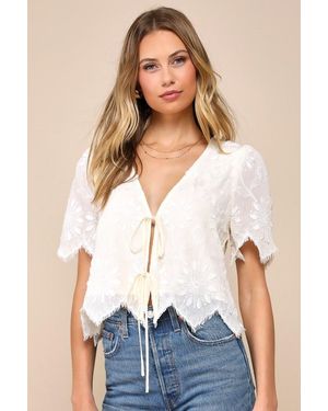 Lulus Vintage Aesthetic Embroidered Tie-Front Fringe Hem Top - Blue