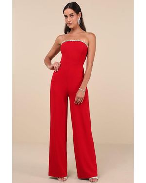 Lulus Lavish Muse Rhinestone Strapless Jumpsuit - Red
