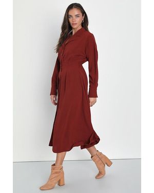 Lulus Timeless Class Rust Collared Button-Up Pleated Midi Dress