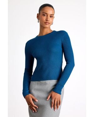 Lulus Basics Karlee Dark Ribbed Knit Long Sleeve Sweater Top - Blue