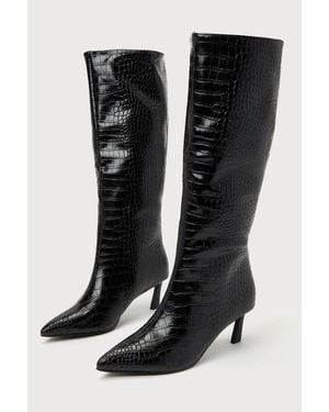Steve Madden Lavan Croc-Embossed Leather Kitten Heel Knee-High Boots - Black