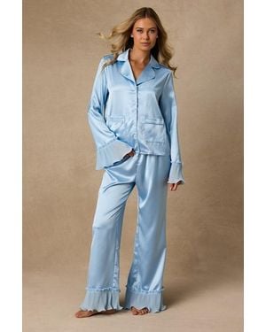 Lulus Melanie Satin Ruffled Two-Piece Pajama Set - Blue