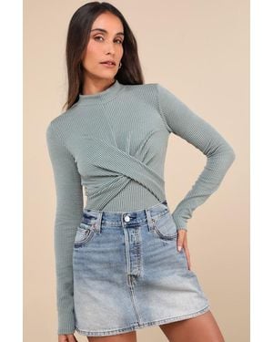 Lulus Twist Time Ribbed Twisted Mock Neck Long Sleeve Bodysuit - Blue