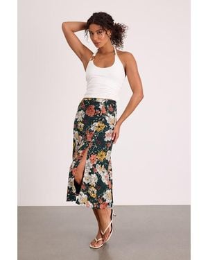 Lulus Bliss Me Emerald Floral Print Midi Skirt - White
