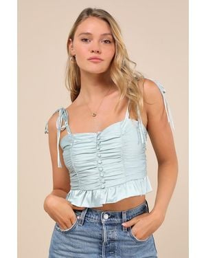 Lulus Elliena Mint Satin Ruched Tie-Strap Peplum Crop Top - Blue