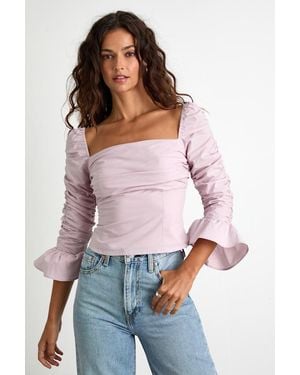 Lulus Felia Dusty Cotton Ruched Three-Quarter Sleeve Top - Purple