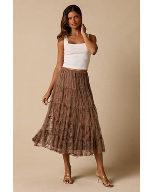 Lulus Exceptionally Graceful Lace High-Rise Tiered Midi Skirt - Brown