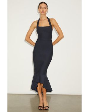 Lulus Londa Dark Halter Neck Trumpet Midi Dress - Blue