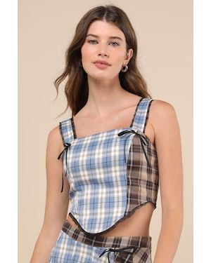 Daisy Street Plaid To Have It And Plaid Patchwork Lace Bustier Top - Blue