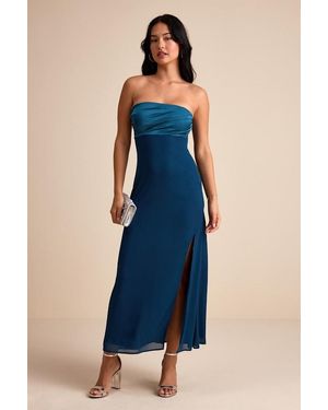 Lulus Devlin Dark Mixed Media Strapless Midi Dress - Blue
