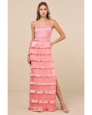 Lulus Sincerely Fabulous Satin Smocked Ruffled Maxi Dress - Pink