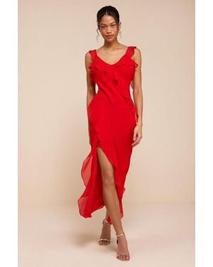 Lulus Remmy Ruffled Slip Midi Dress - Red