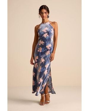 Lulus Mannon Floral And Bow Print Backless Maxi Dress - Blue