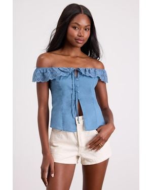 Lulus Alesana Eyelet Embroidered Button-Front Top - Blue