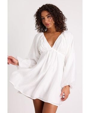 Lulus Amerah Textured Balloon Sleeve Babydoll Mini Dress - White