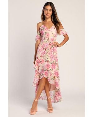 Lulus Watch Me Grow Floral Print Cold-Shoulder High-Low Dress - Pink