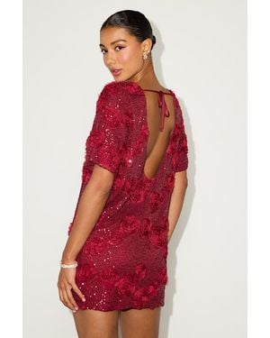 Lulus Kayleena Sequin Rosette Tie-Back Shift Dress - Red