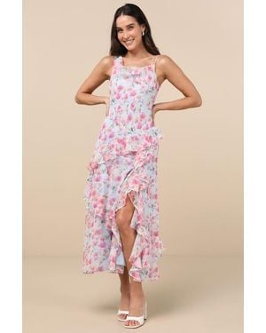 Astr Levina Floral Asymmetric Ruffled Midi Dress - Pink