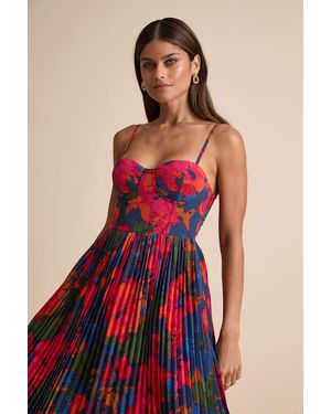 Lulus Dorothy Multi Floral Print Pleated Midi Dress - Red