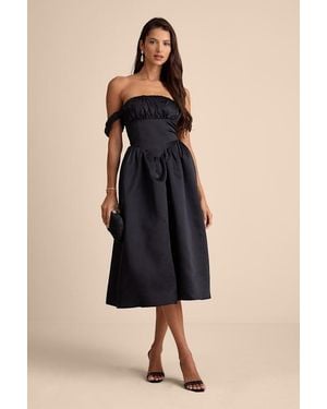 Lulus Coquette Essence Satin Off-The-Shoulder Lace-Up Midi Dress - Black