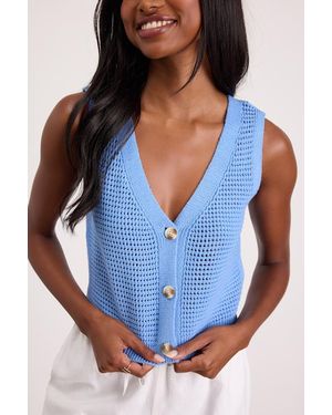 Lulus Aesthetic Ease Pierced Knit Button-Front Cropped Tank Top - Blue