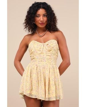 Lulus Marinella Floral Ruched Strapless Romper - Natural